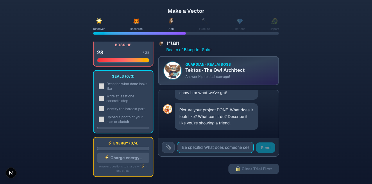 KidLaunch gameplay — the Plan phase with boss HP bar, seal checklist, guardian Tektos, and AI coach Kip