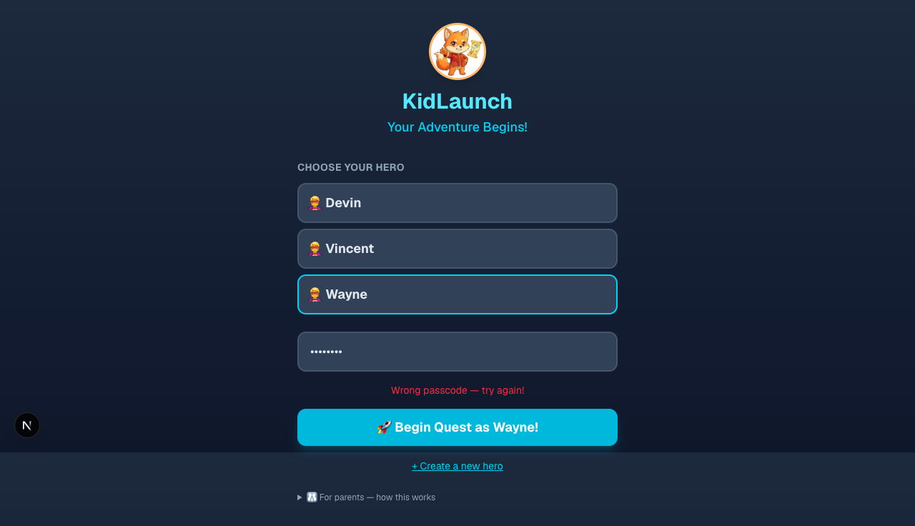 KidLaunch login screen with Kip the fox mascot